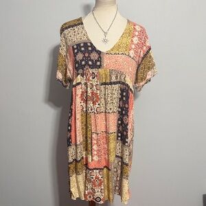 Ces Femme Patchwork V-Neck Tunic Top - Pink, Navy, Mustard